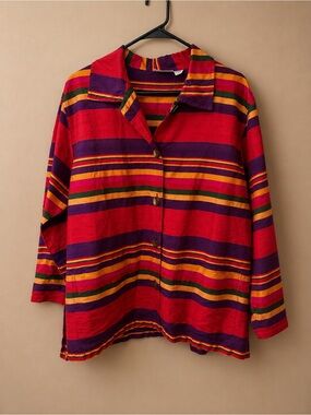 Chico's Vibrant Striped 100% Silk Blouse in Red, Purple, Orange and Green
